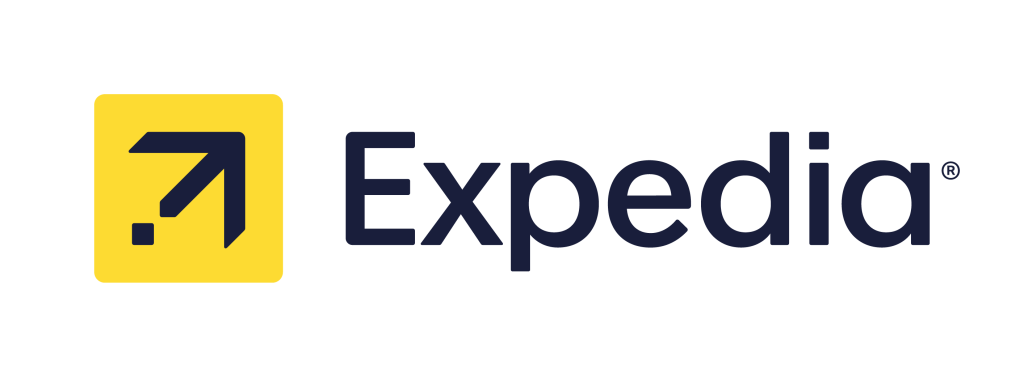 The Expedia logo featuring a yellow square with an arrow and the company name