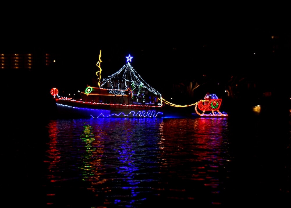 Boat with lights on it at night