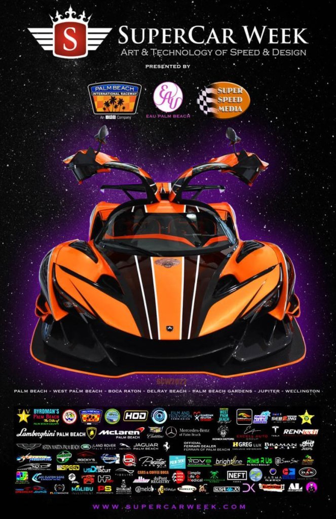 Une supercar orange aux portes papillon ouvertes sur fond de ciel étoilé.