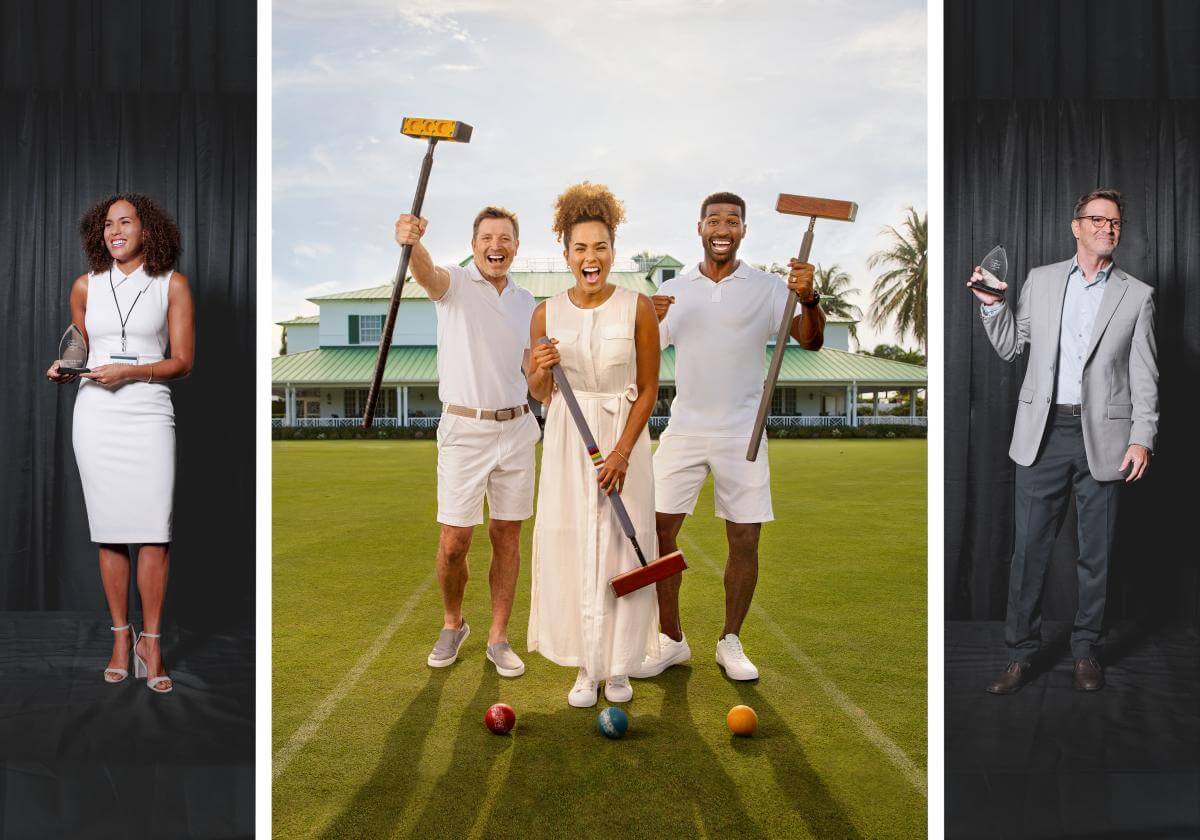 Trio of images with business woman and man holding awards and two men and a woman holding croquet mallets