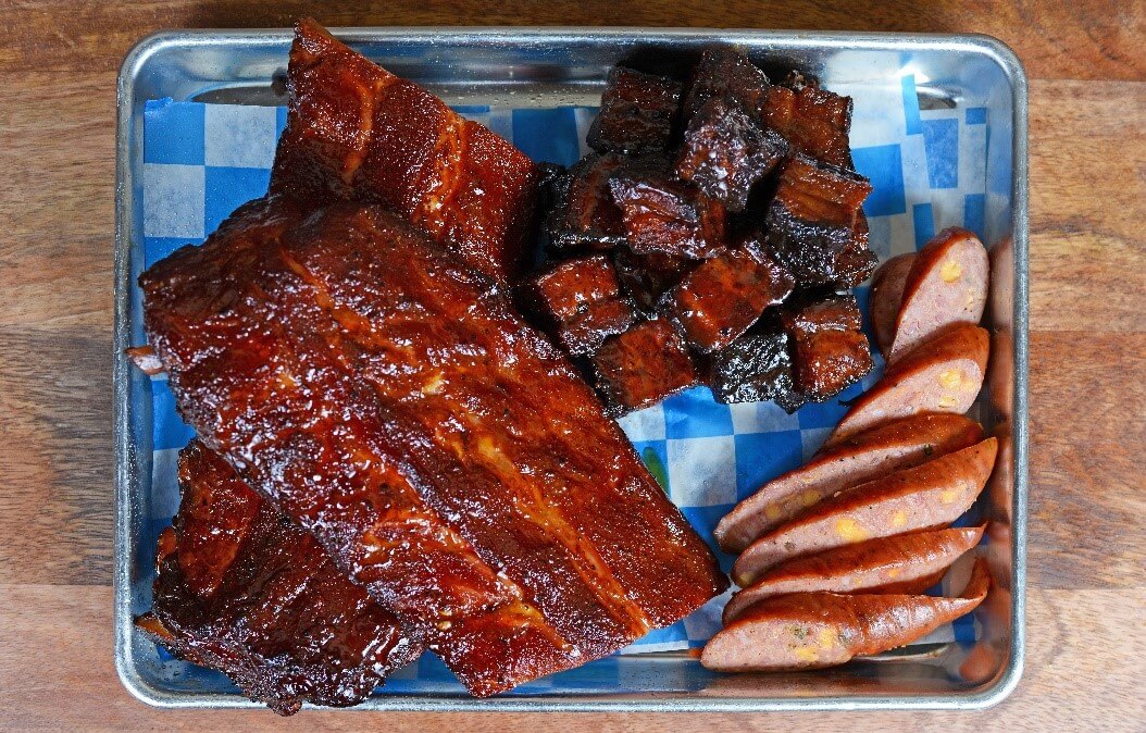 Smoked Baby Back Ribs, Smoked Pork Belly burnt ends and Jalapeno sausage