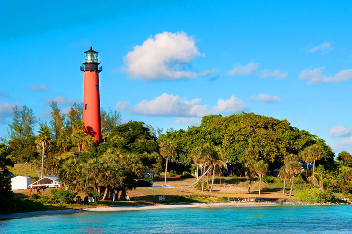 View of crystal blue waters and Jupiter Inlet Lighthouse