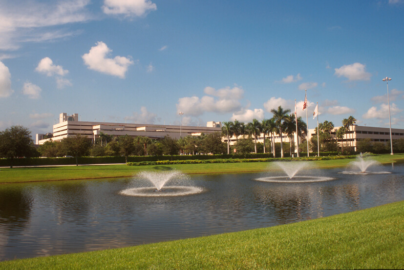 Pond and fountain outside main terminal of Palm Beach International Airport