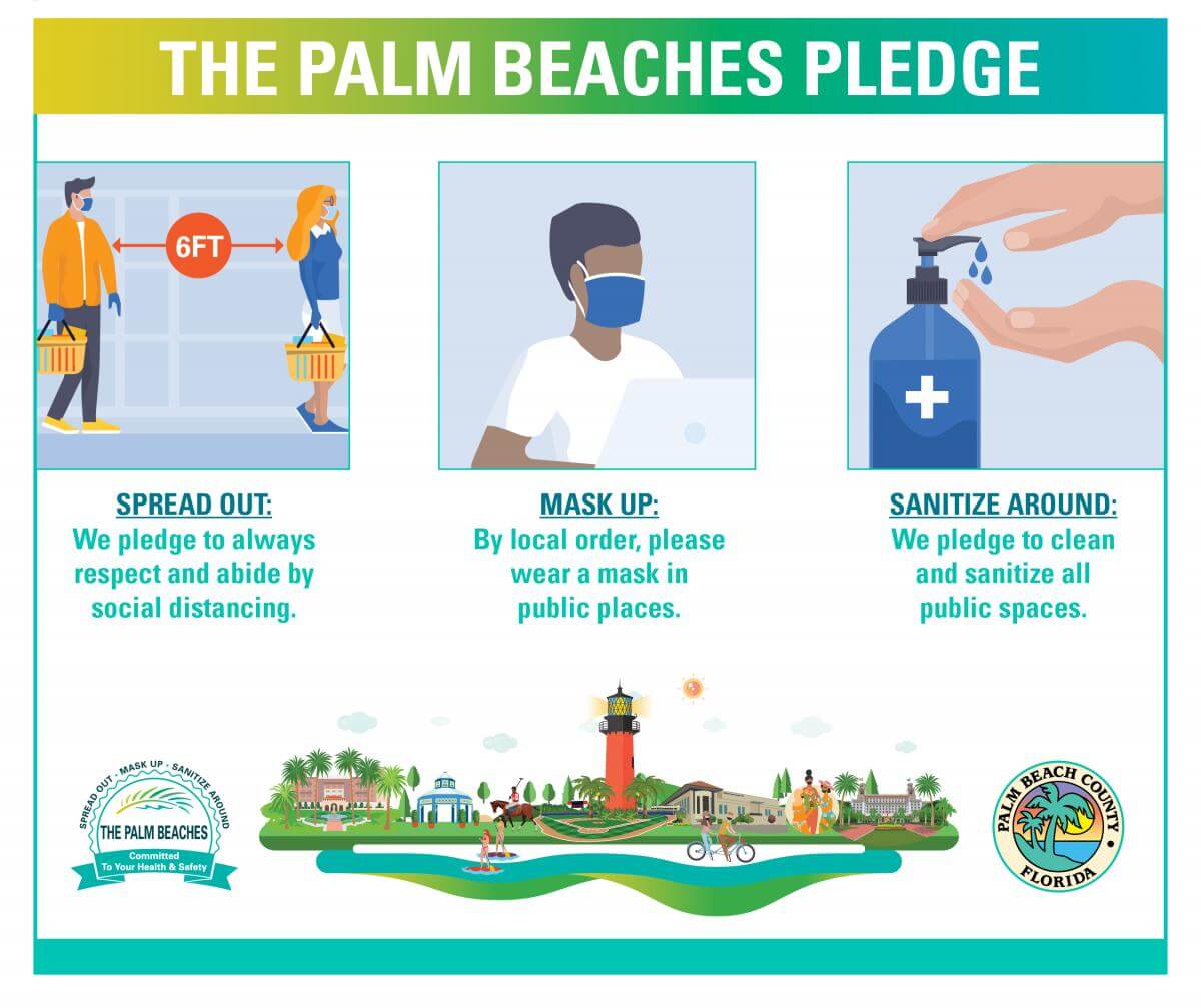Graphic of Palm Beaches Pledge, Spread Out, Mask Up, Sanitize Around