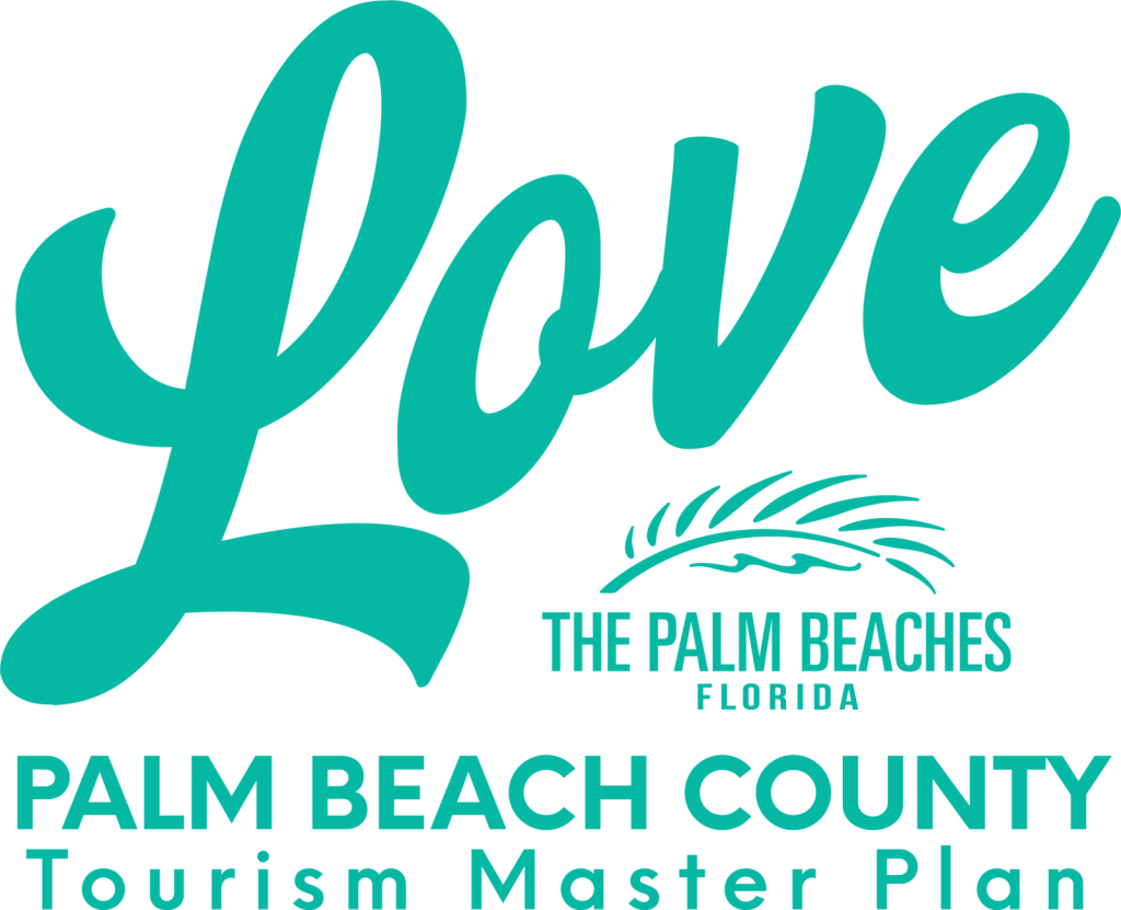 Un logo turquoise vibrant comportant le mot 'Love' dans une écriture fluide, accompagné d'un dessin de palmier et d'un texte indiquant le plan directeur du tourisme du comté de Palm Beach, en Floride.