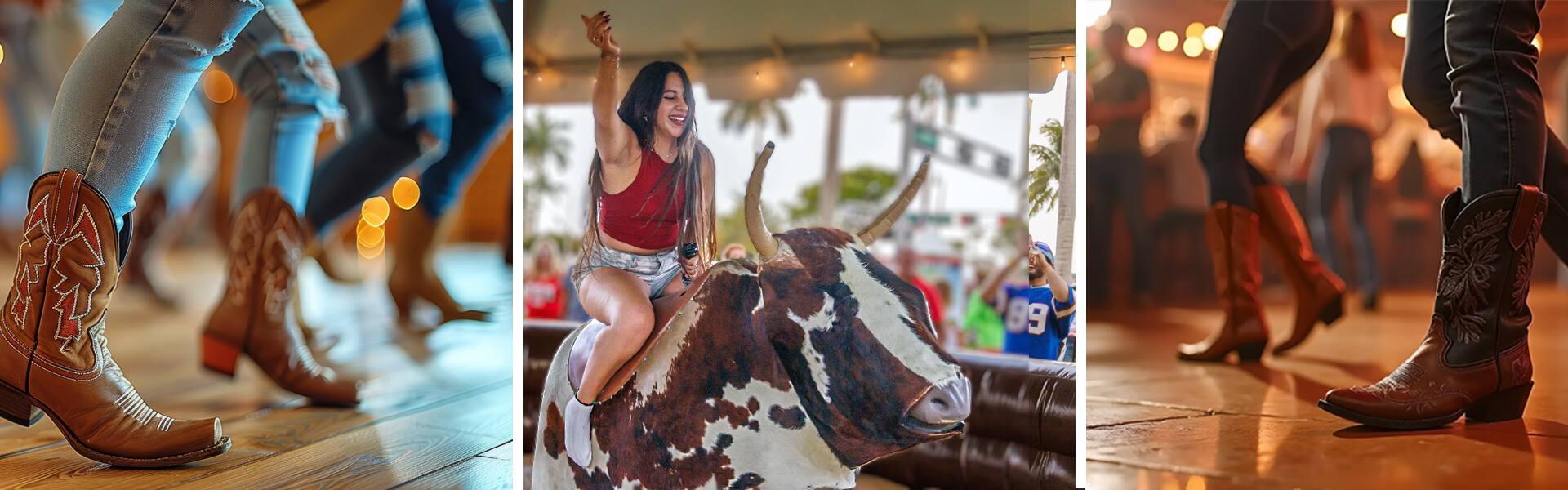 A lively scene at a country-themed event with people dancing in cowboy boots, a woman riding a mechanical bull, and more dancers in the background