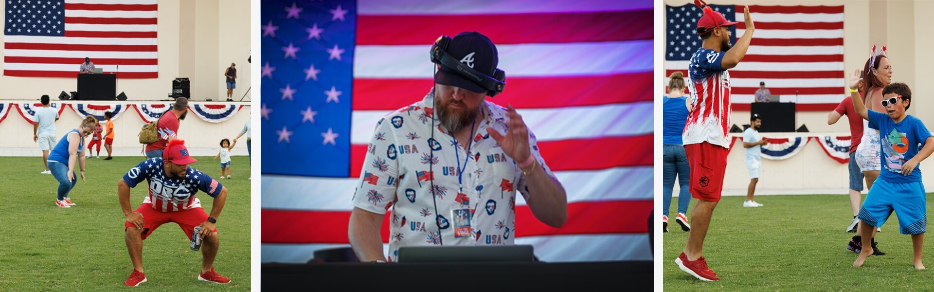 A patriotic celebration featuring a DJ in an American flag-themed shirt, dancers in red, white, and blue outfits, and a large American flag backdrop