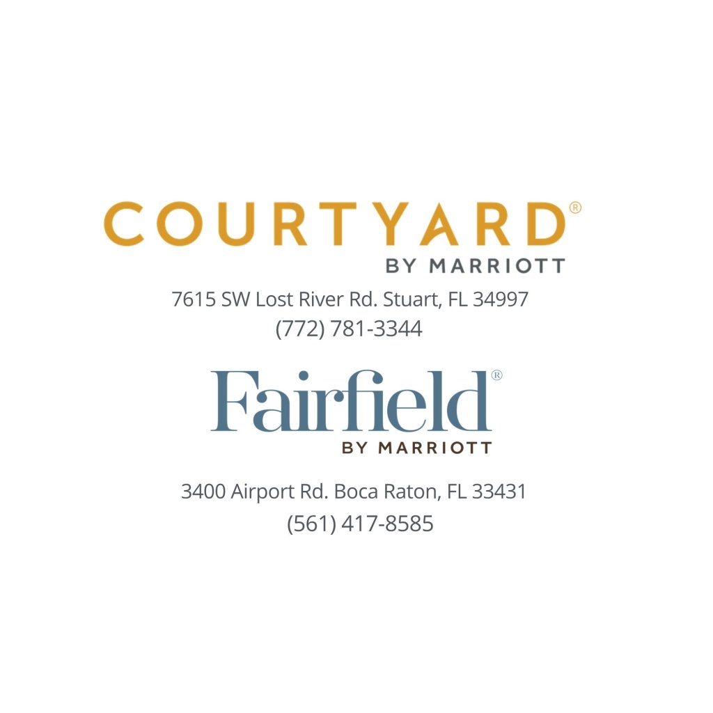 Logos and contact information for Courtyard and Fairfield by Marriott hotels in Florida