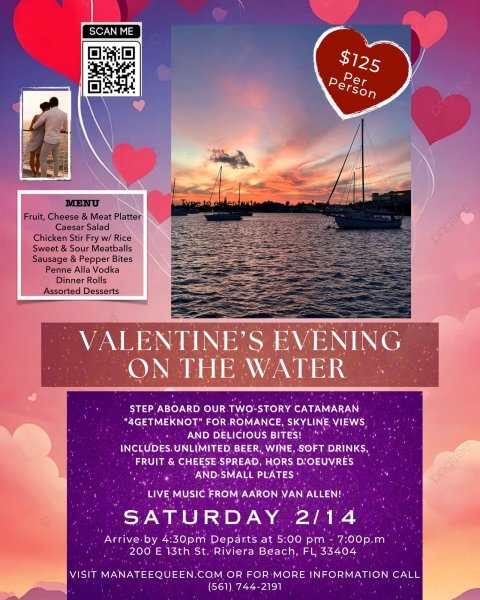 A romantic Valentine's Day event on a catamaran with sunset views, food, and music