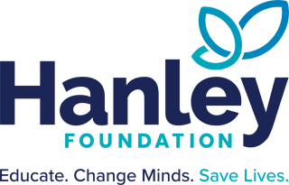 A stylized logo featuring the text 'Hanley Foundation' with a leaf-like symbol, emphasizing education, mental health awareness, and saving lives