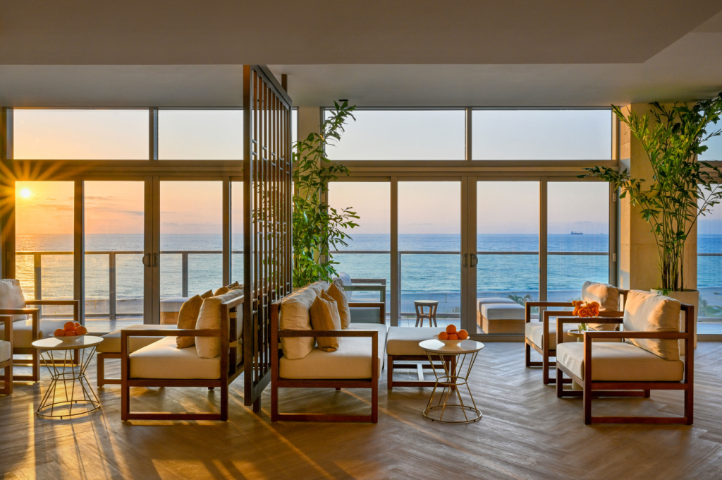 Amrit hotel room with a view of the sunset over the sea
