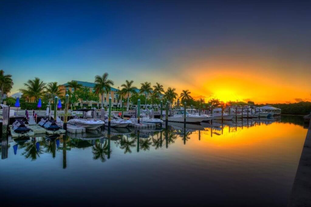 Un puerto deportivo tranquilo al atardecer, con embarcaciones amarradas a lo largo de muelles bordeados de palmeras, en las que se refleja el cielo de un naranja intenso sobre las aguas tranquilas