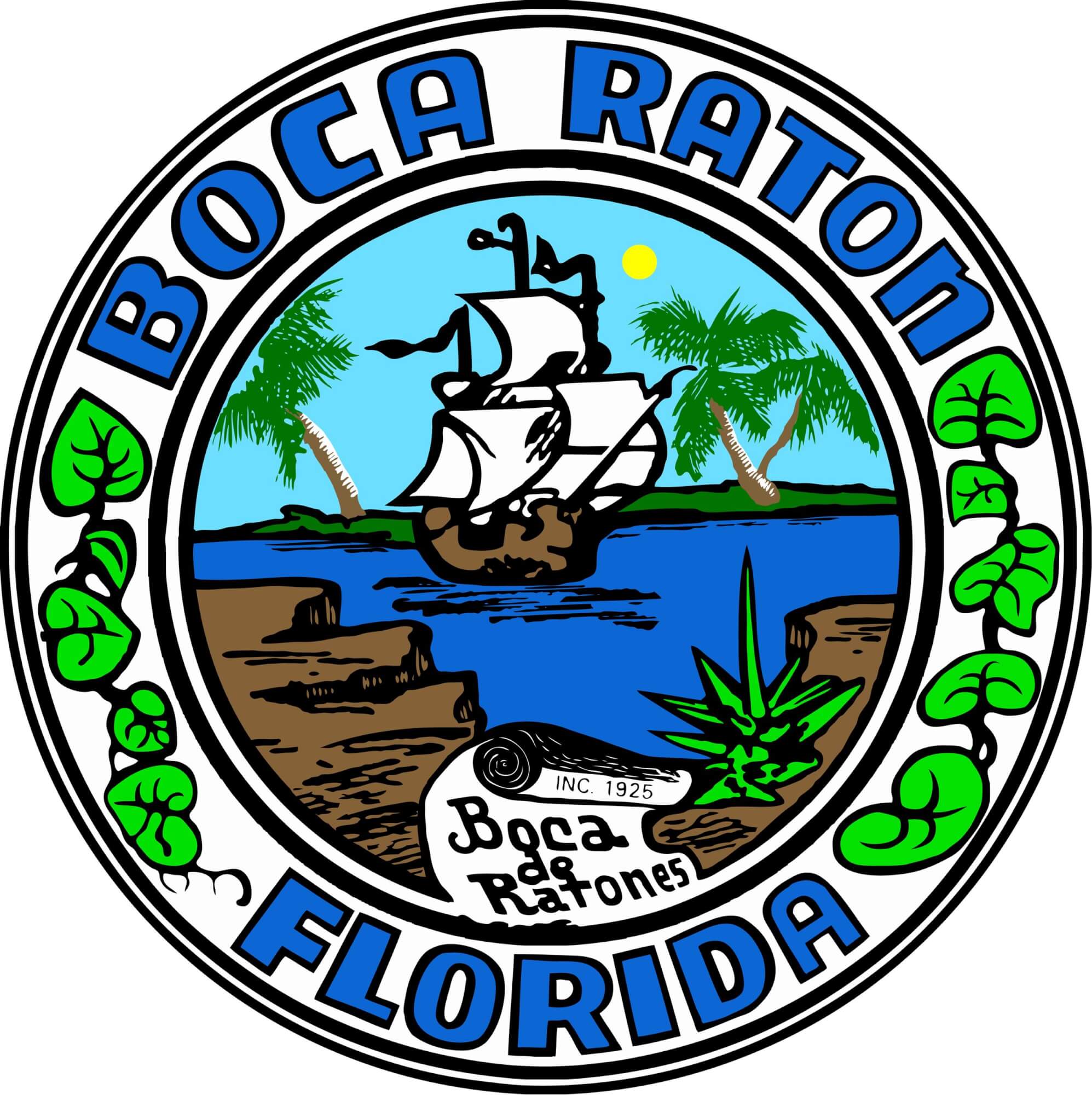 Ein lebendiges Siegel von Boca Raton, Florida, mit einem Schiff, das auf blauem Wasser segelt, eingerahmt von Palmen und einer hellen Sonne, mit dem Namen der Stadt in fetten Buchstaben