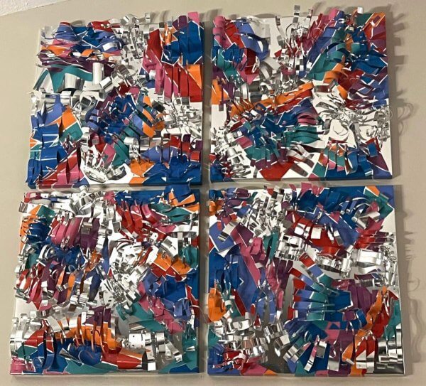 Four vibrant abstract paintings with layered, torn paper textures in a variety of colors
