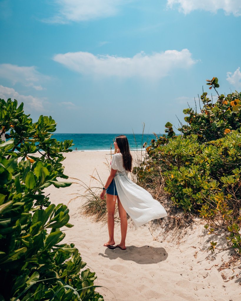 Eine Frau in einem weißen Kleid steht an einem Sandstrand, umrahmt von üppiger grüner Vegetation, und blickt auf das weite blaue Meer hinaus