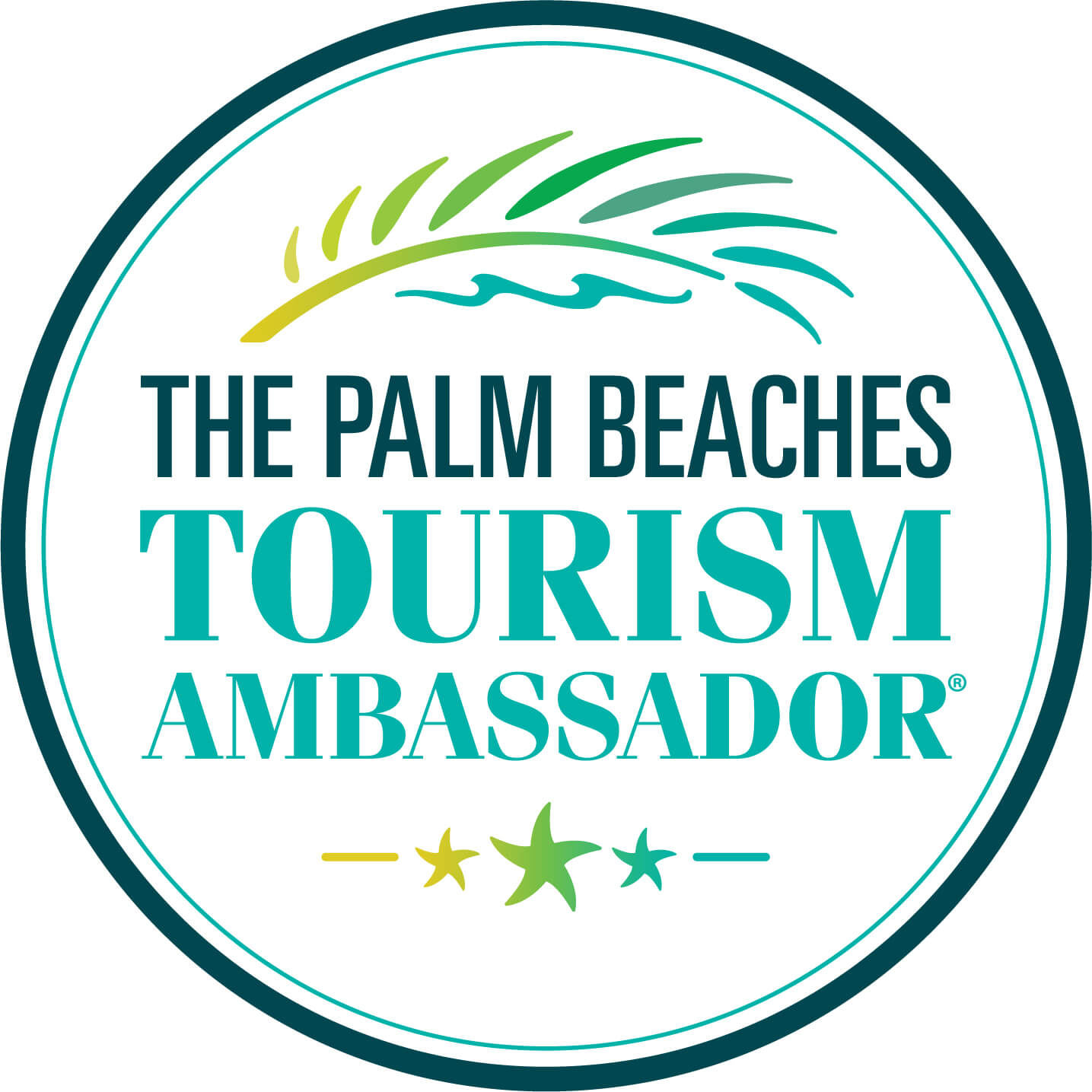A circular logo for The Palm Beaches Tourism Ambassador featuring a palm frond graphic