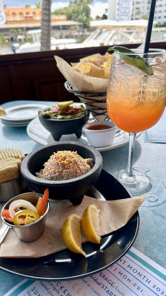 Cocktail and fish dip at Deck 84