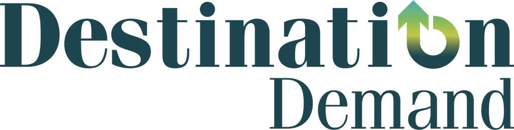 A colorful logo with the word 'Destination' in a gradient of blue and green, and 'Demand' in a lighter blue