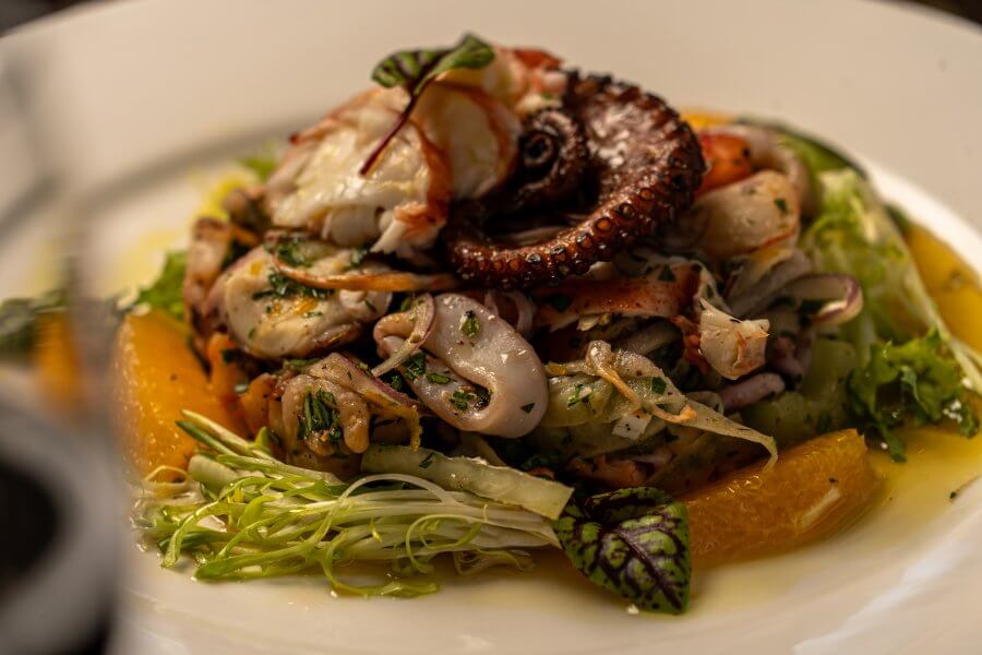 Una colorida ensalada de mariscos con tentáculos de pulpo a la parrilla, camarones y calamares, adornada con hierbas frescas y servida sobre una cama de lechugas variadas con rodajas de naranja