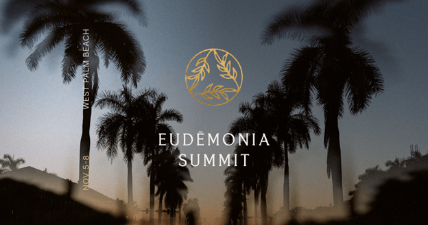 A serene sunset scene with palm trees silhouetted against a gradient sky, advertising the Eudaimonia Summit on November 5-8