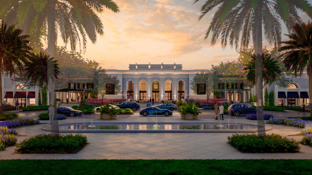 A luxurious resort with a grand white building, palm trees, and a central fountain surrounded by colorful flowers