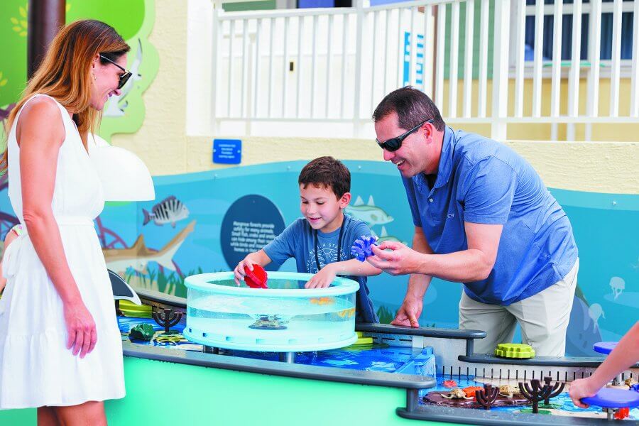 A family enjoys an interactive marine life exhibit at a children's museum, with a mother in a white dress, a father in a blue shirt, and their son exploring a water table with colorful toys
