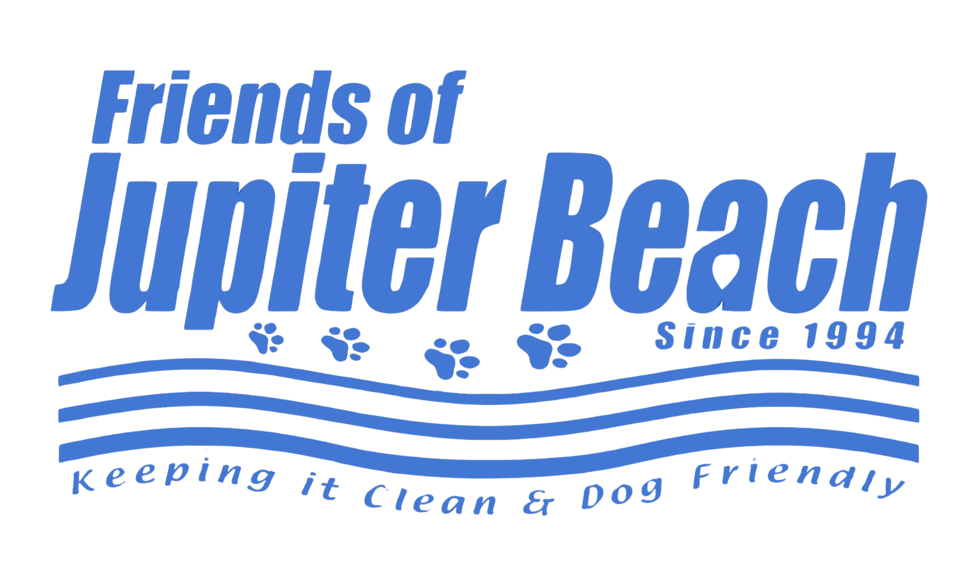 A beach-themed logo for Friends of Jupiter Beach, featuring blue text and paw prints, emphasizing cleanliness and dog-friendliness since 1994