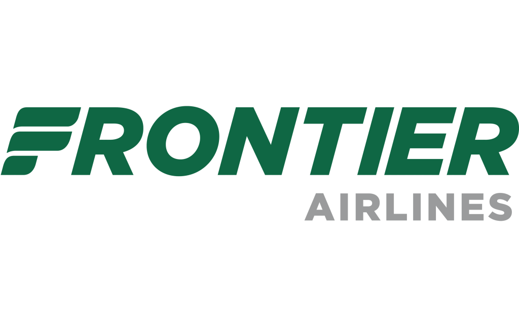 El logotipo de Frontier Airlines, en el que aparece la palabra 'FRONTIER' en letras verdes y negritas, con una 'F' estilizada y la palabra 'AIRLINES' debajo en letras blancas más pequeñas