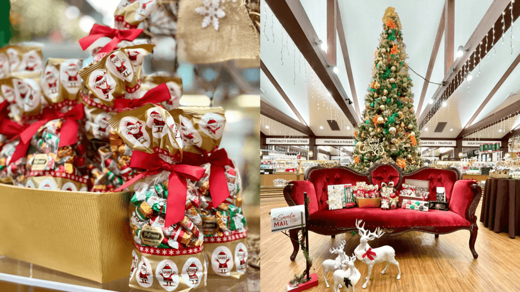 A festive holiday scene featuring a beautifully decorated Christmas tree and a red velvet sofa adorned with gifts and holiday decorations