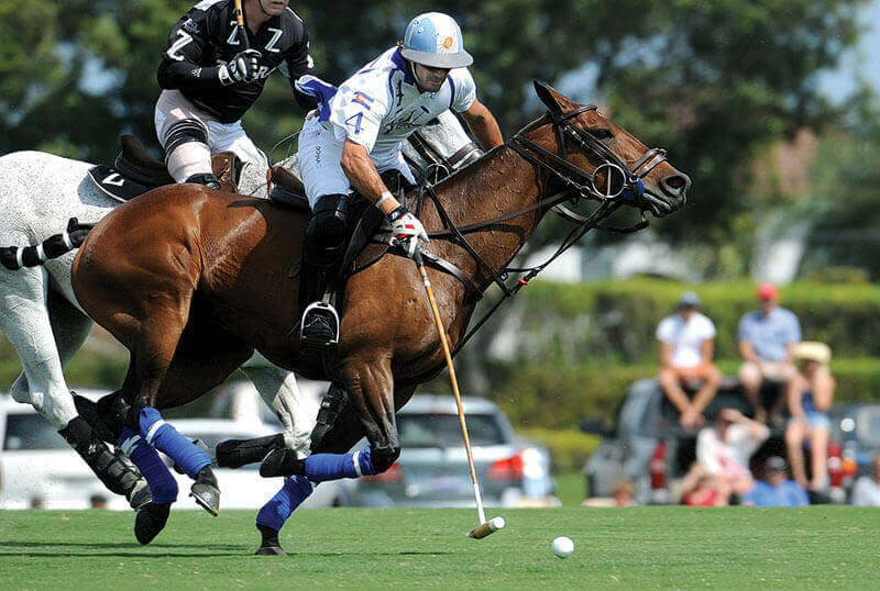 Dos jugadores de polo a caballo compiten ferozmente por la pelota durante un partido; uno de ellos, vestido con uniforme blanco y casco azul, está a punto de golpear la pelota con su maza