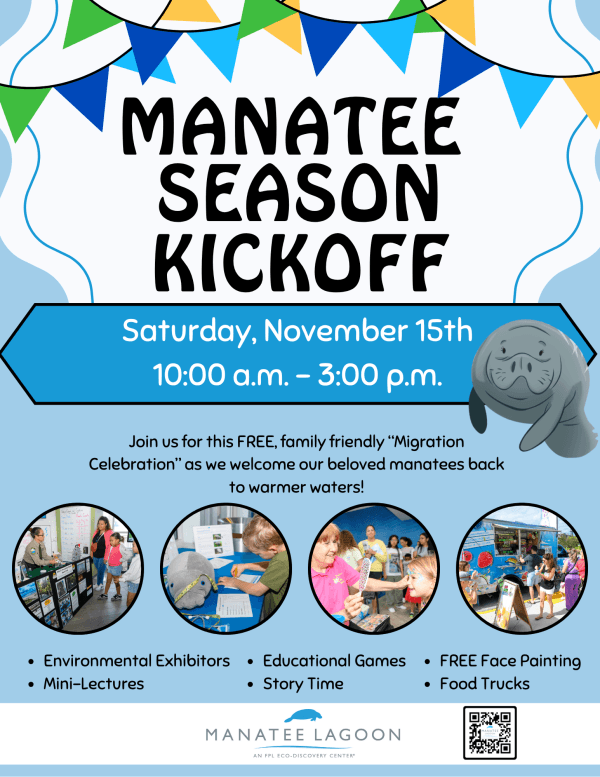 Manatee Season Kickoff Event at Manatee Lagoon featuring free family-friendly activities, educational exhibits, and food trucks