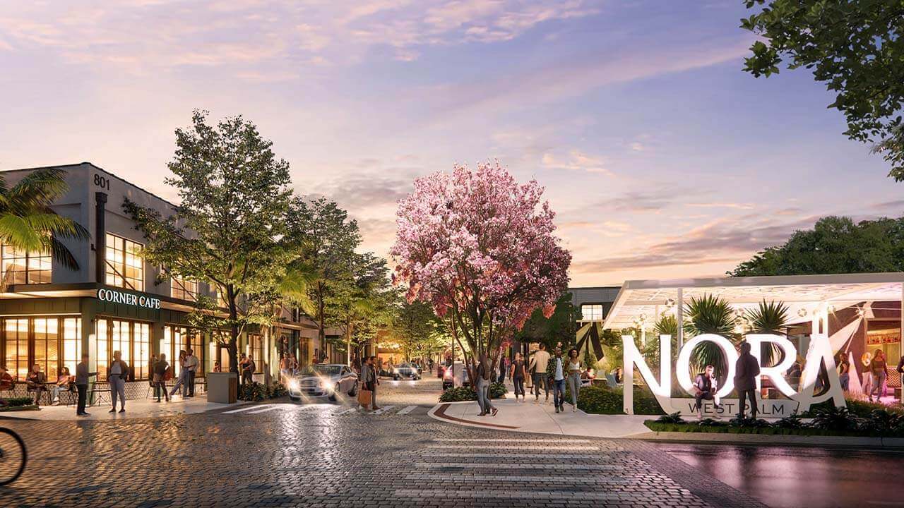 Una animada escena urbana al atardecer con peatones, ciclistas y automóviles, en la que destaca un letrero de 'Nora' y un árbol en flor de color rosa
