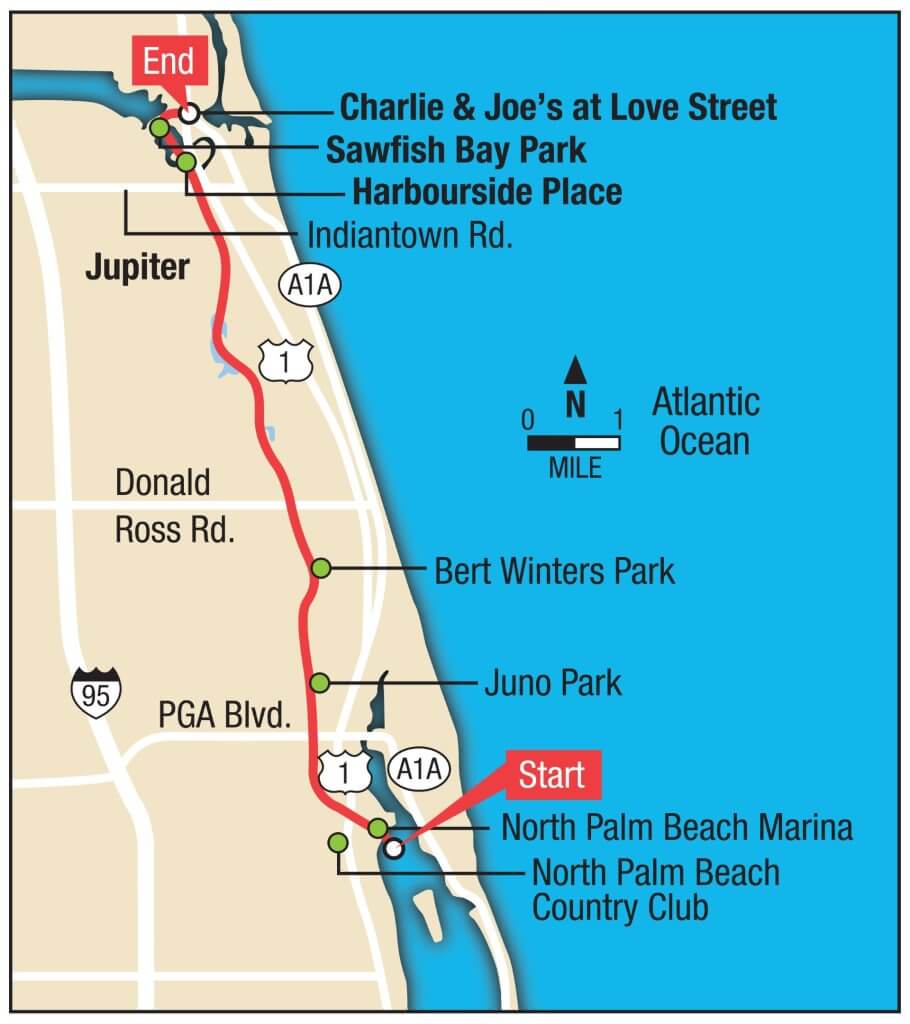 A map showing a route from North Palm Beach Marina to Charlie & Joe's at Love Street, passing through various parks and roads