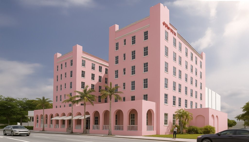 A striking pink hotel complex with multiple towers and arched ground-floor entrances, surrounded by palm trees and a clear blue sky