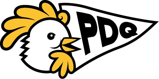 Pollo de dibujos animados con pancarta PDQ