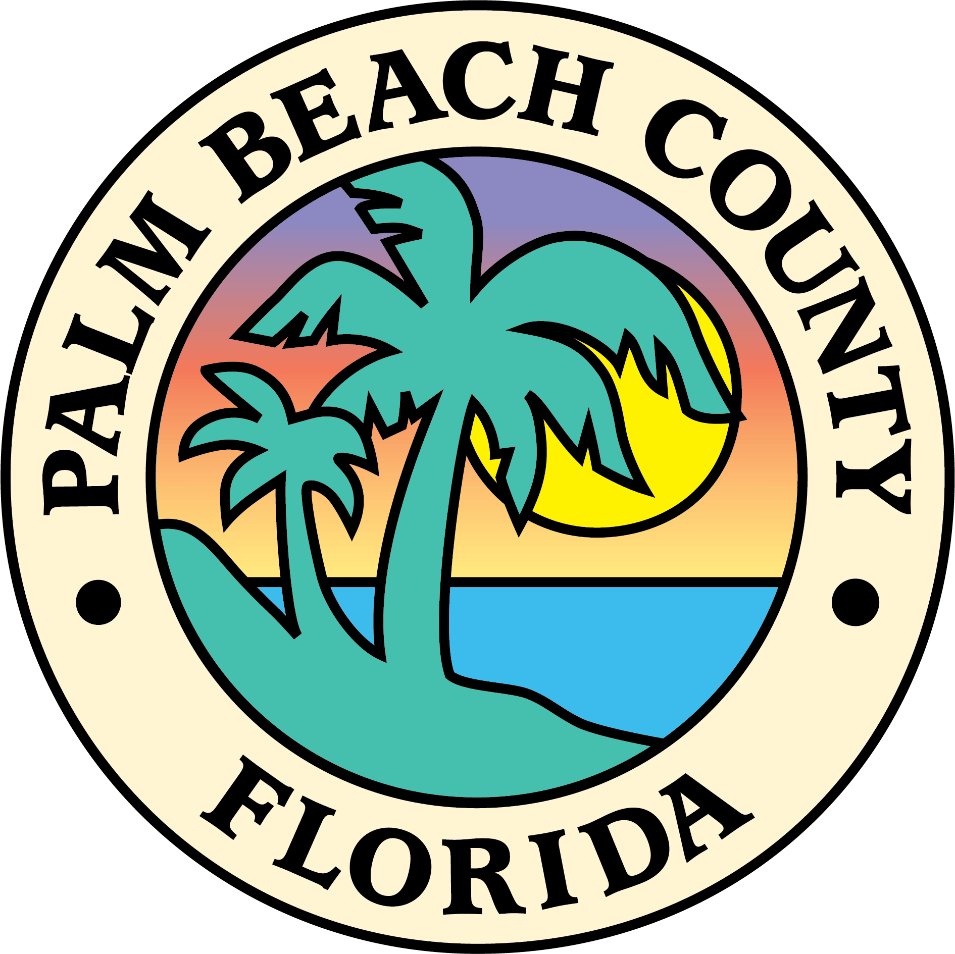 Ein lebhaftes rundes Emblem mit einer stilisierten Palme und einem Sonnenuntergang über dem Wasser, das Palm Beach County, Florida, darstellt.