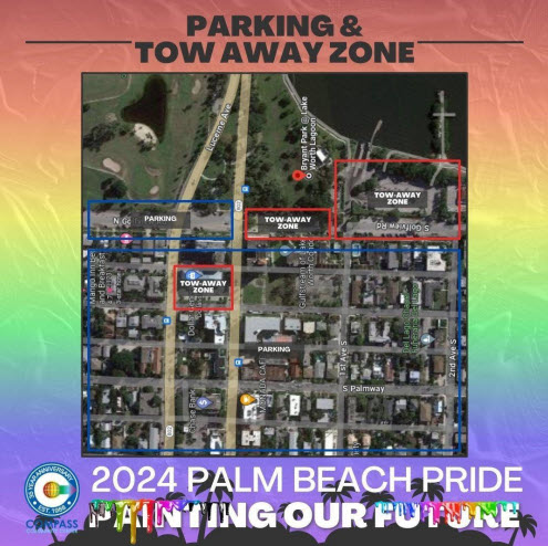 2024 Palm Beach Pride Parade Parkkarte, einschließlich Abschleppzone