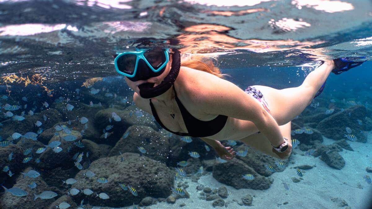 Eine Frau in einem schwarzen Bikini und Schnorchelausrüstung schwimmt unter Wasser zwischen bunten Fischen und Korallenriffen