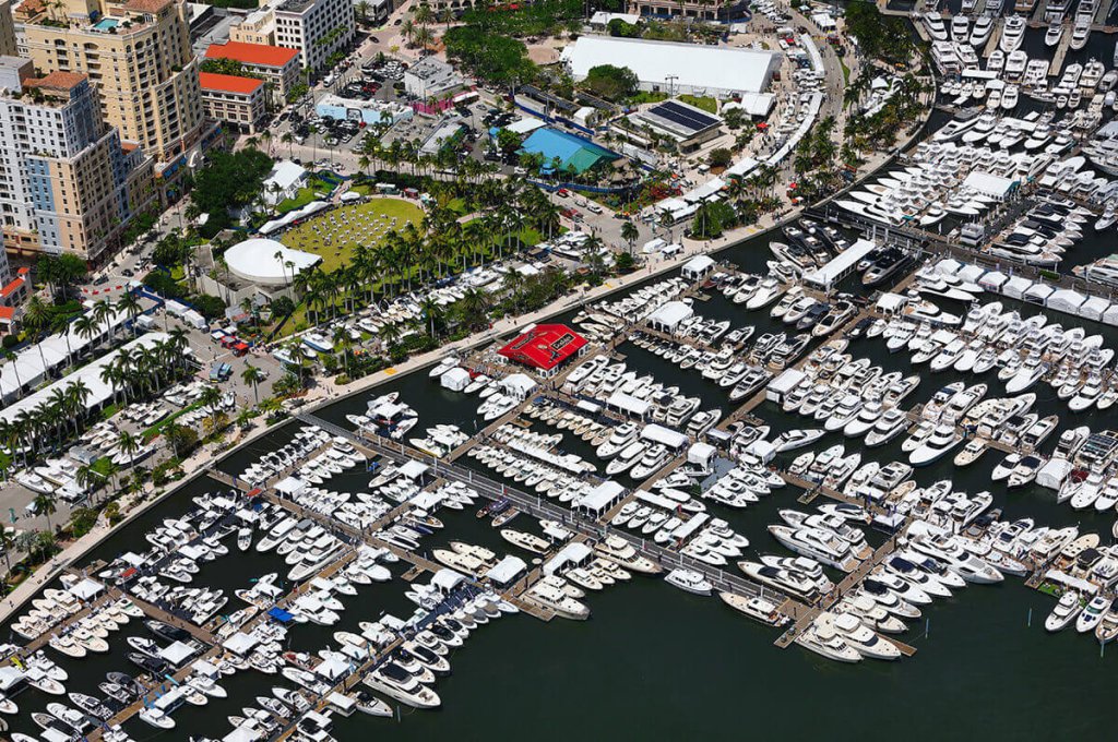 aerial view of the West Palm Beach marina with many boats