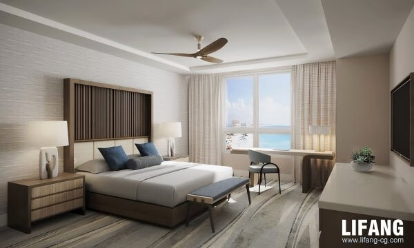 A modern bedroom with a large window overlooking the ocean, featuring a wooden bed with blue pillows, a ceiling fan, and a desk with a chair