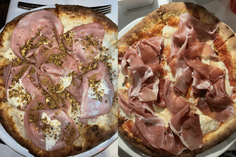 Two gourmet pizzas with different toppings: one with ham, pistachios, and cream cheese; the other with prosciutto and tomato sauce