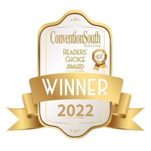 Eine goldene Plakette mit einer goldenen Schleife, die den ConventionSouth Readers' Choice Award zum Gewinner 2022' erklärt