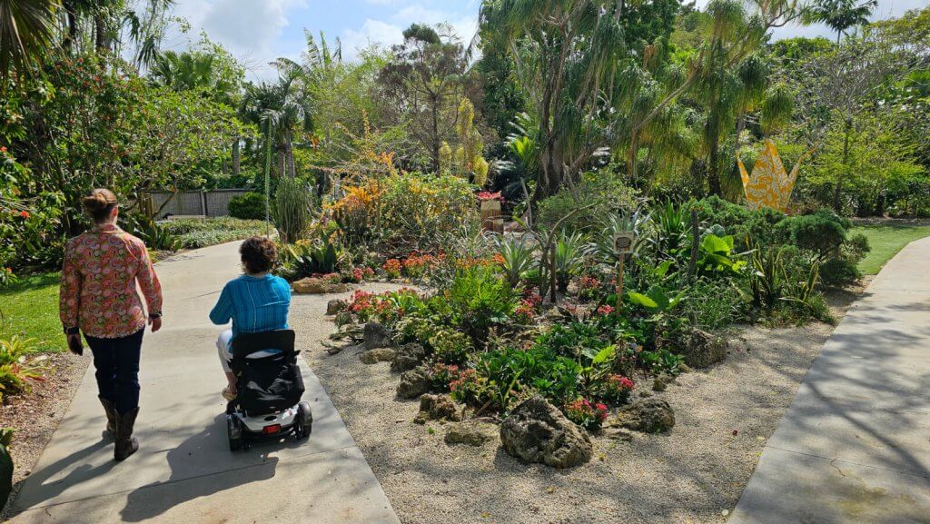 Duas mulheres desfrutam de um passeio tranquilo em um vibrante jardim botânico, uma caminhando e a outra usando uma scooter para mobilidade