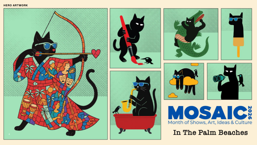 A vibrant mosaic artwork featuring black cats in various musical and artistic poses, set against a tropical beach backdrop