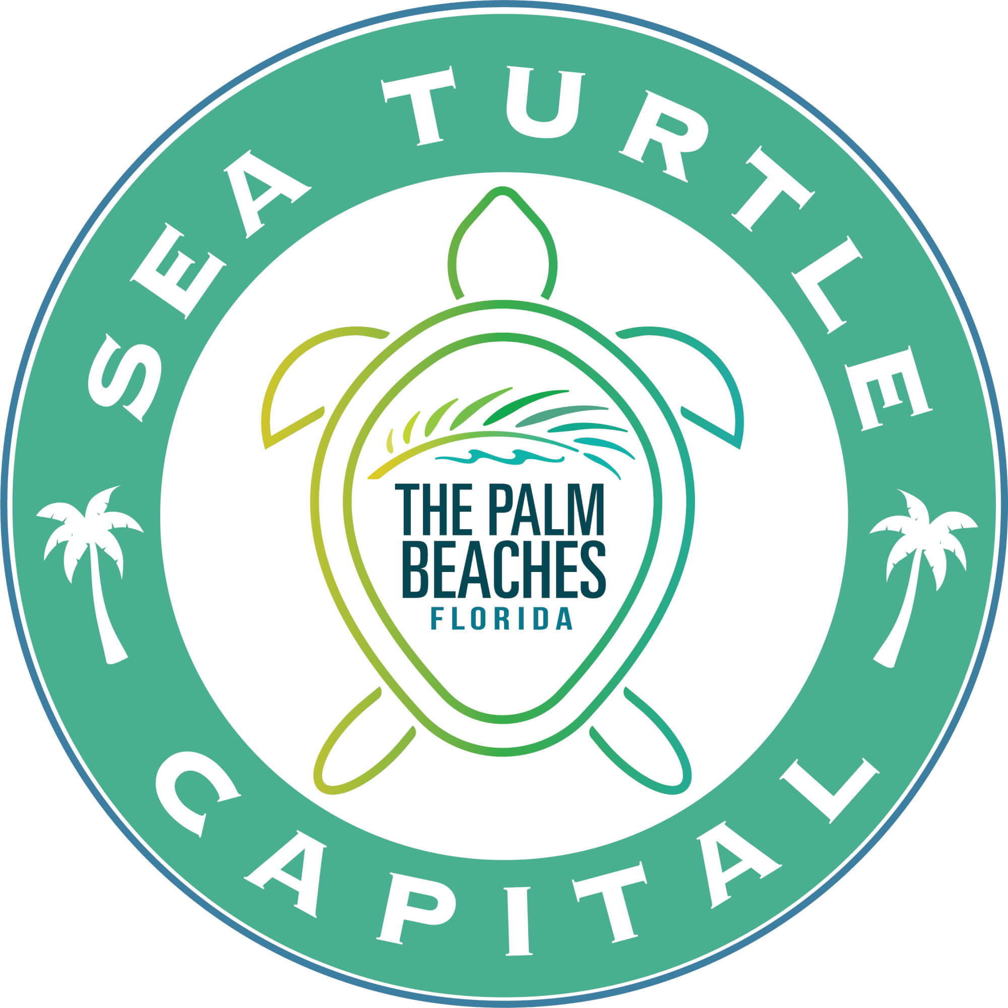 Un logo circulaire vert et bleu vibrant représentant une tortue de mer stylisée avec des palmiers, représentant les Palm Beaches, en Floride.
