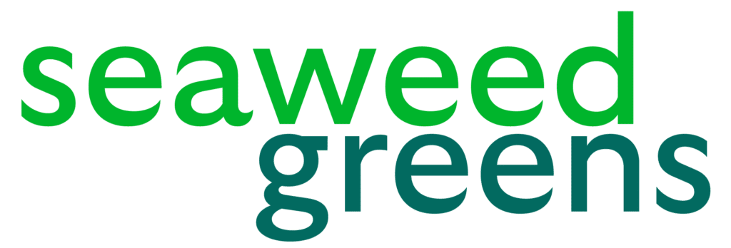 A vibrant logo featuring the words 'seaweed greens' in a bold, green font against a black background