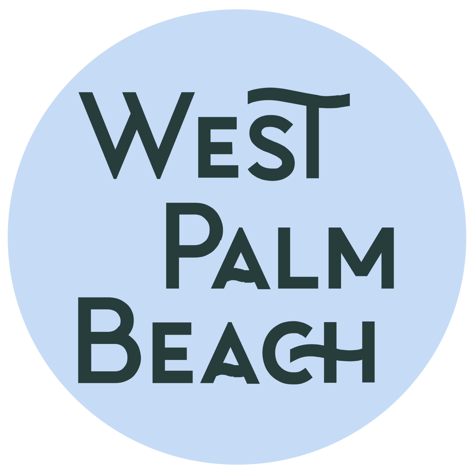 Ein minimalistisches Logo mit 'West Palm Beach' in fetter, stilisierter Schrift in einem hellblauen Kreis