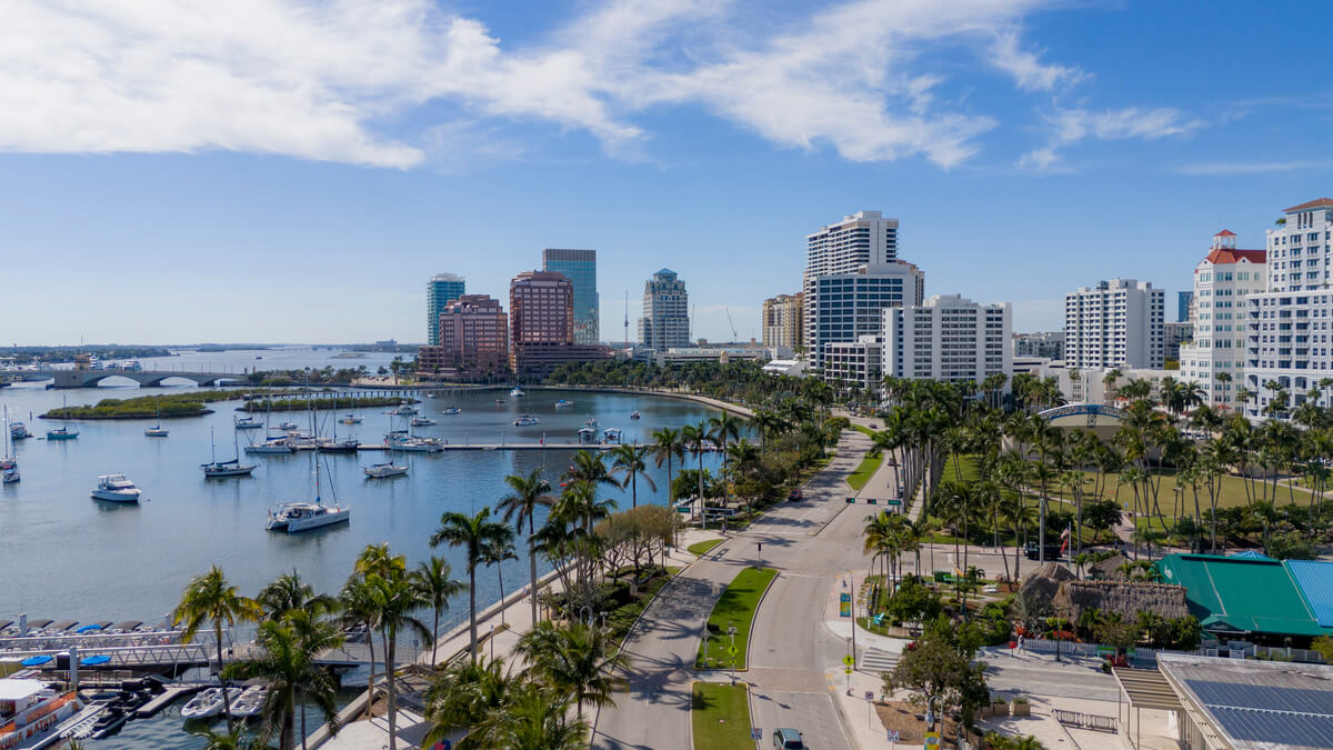 A coastal city skyline with a marina full of boats and palm trees