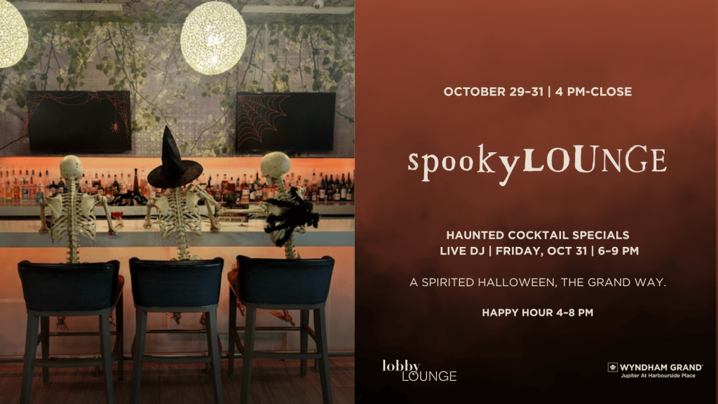 Three skeletons dressed in Halloween costumes sit at a bar with a spooky atmosphere