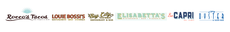 Eine horizontale Reihe aus sechs verschiedenen Restaurantlogos auf weißem Hintergrund
